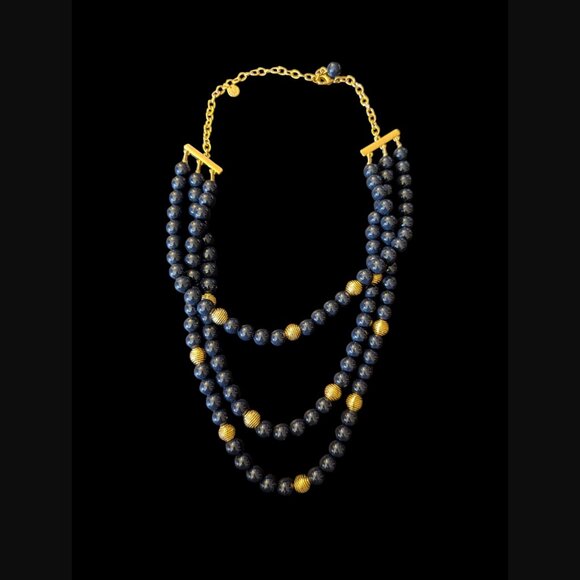 Talbots Gold Tone Dark Blue Gray Triple Layered Chunky Statement Necklace - Picture 4 of 10